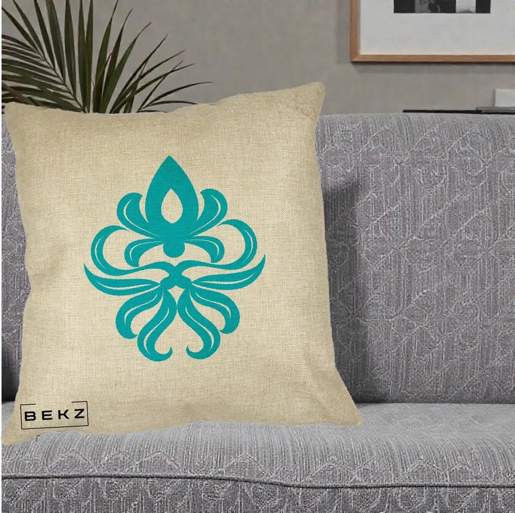 Perna Decorativa Ornament Turcoaz Fleur de Lis, 40x40 cm, Crem, Husa Detasabila, Perna Inclusa, BEKZ®