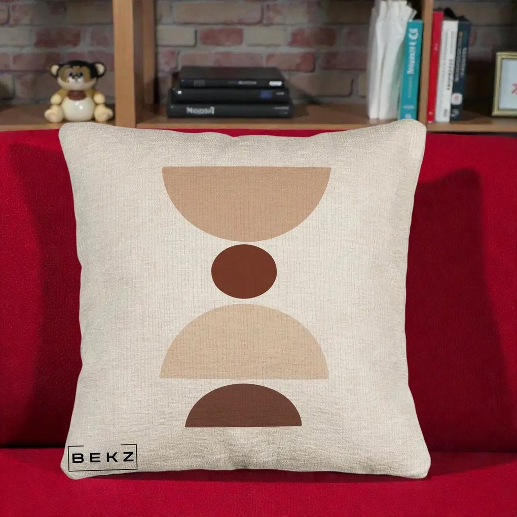 Perna Decorativa Geometric Boho Cerc si Boluri, 40x40 cm, Bej Canapea, Husa Detasabila, Perna Inclusa, BEKZ®