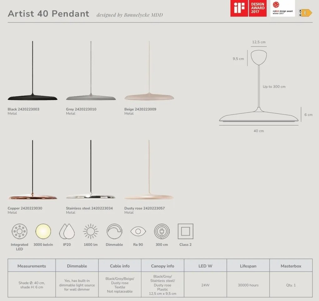 Lustra, Pendul LED, Design Nordic Minimalist, Artist 40cm Negru