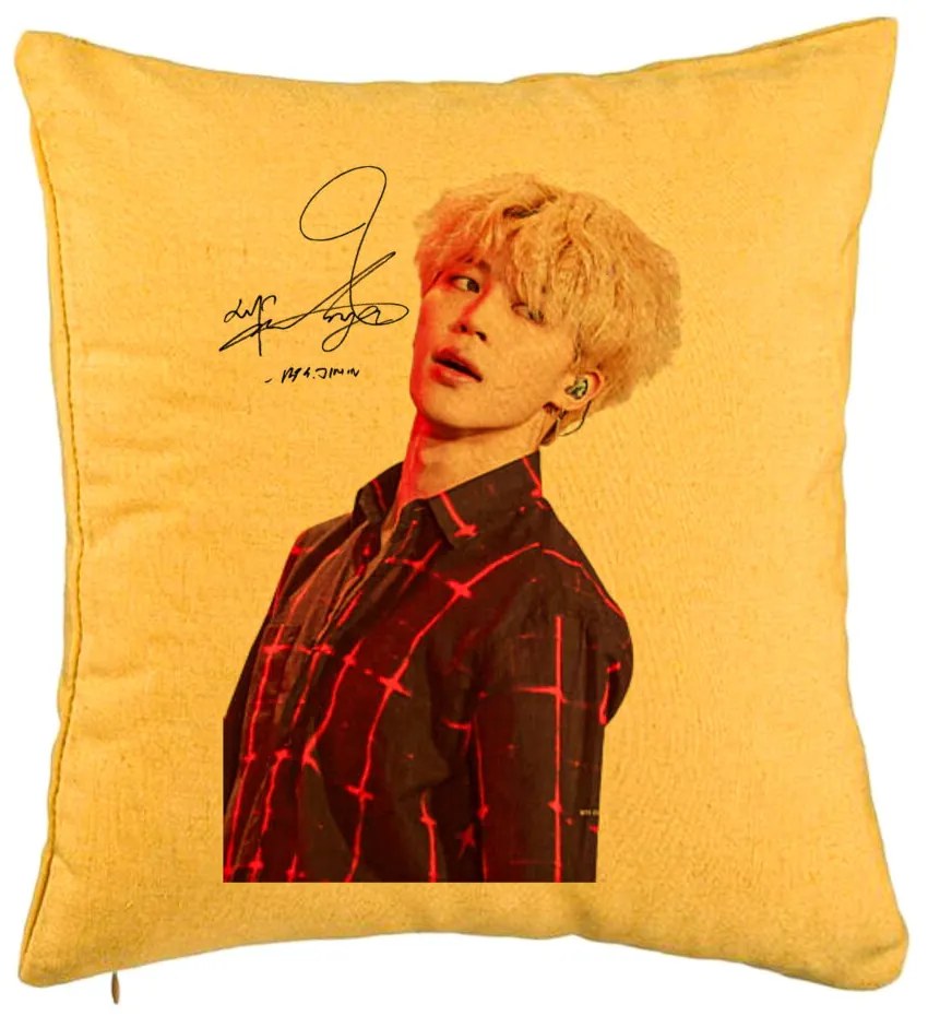 Perna Decorativa BTS Jimin 2, 40x40 cm, Galben, Husa Detasabila, Burduf