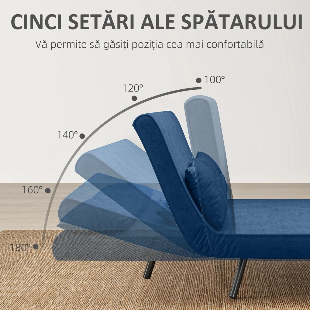 HOMCOM Canapea Pat de 2 Locuri cu Spătar Reglabil pe 5 Nivele și 2 Perne din Material Capitonat, 102x73x81 cm, Albastru | Aosom Romania