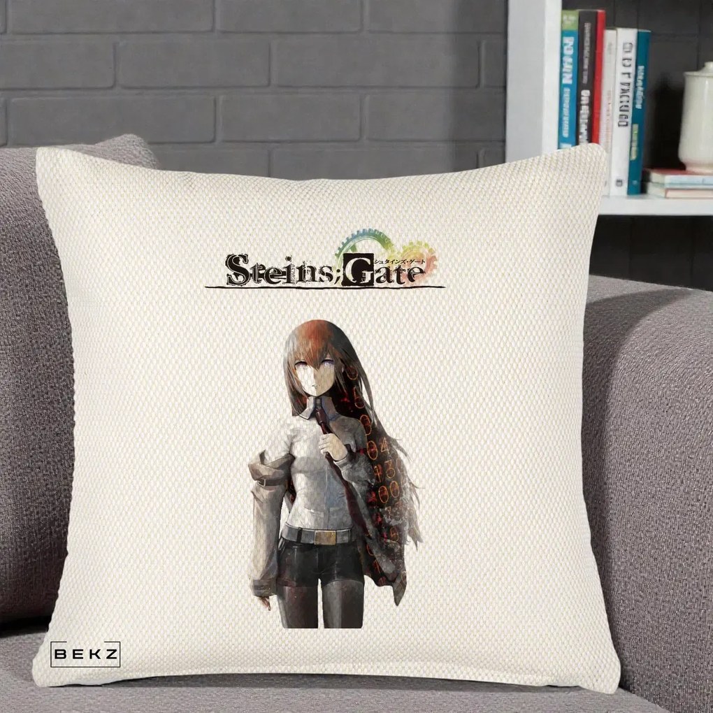 Perna Personalizata Steins Gate Kurisu Makise Anime, 40x40 cm, Crem Reliefat, Husa Detasabila, Perna Inclusa, BEKZ®