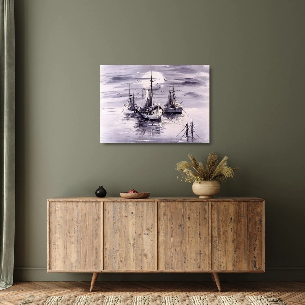 Tablou pe sticlă - Port marin, pictură în ulei (70x50 cm)