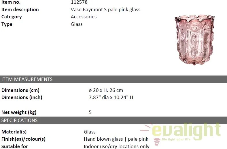 Vaza design elegant Baymont S roz pal 112578 HZ