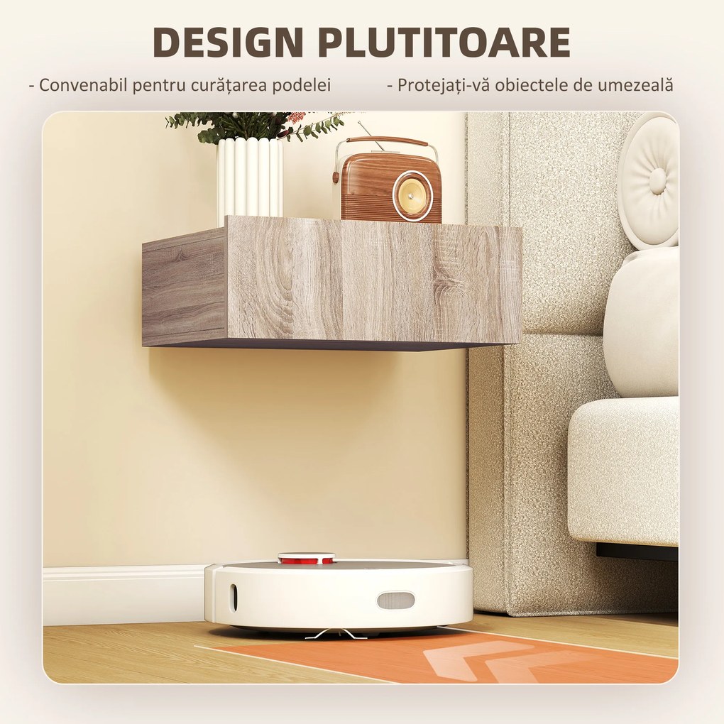 HOMCOM Set de 2 Noptiere Suspendate cu Sertar, Pereche de Noptiere Moderne din Lemn, Mese Laterale pentru Canapea, Living și Dormitor, 40x30x15 cm, Stejar | Aosom Romania