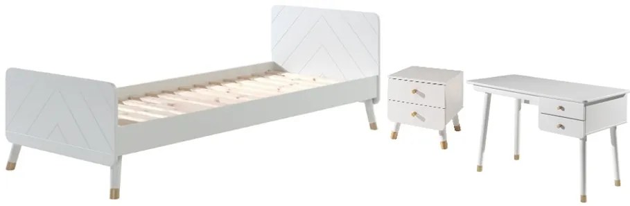 Set Pat Single, Noptieră și Birou pentru Copii, 3 Piese, 90x200 cm, Alb Satinat (Pin Masiv și MDF) – Billy – Vipack