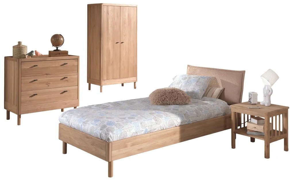 Set Complet Mobilier Camera Copii Forrest Oak, Pat 90x200 cm, Dulap cu 2 Uși, Noptieră și Comodă, din Lemn Masiv de Stejar, Natur – Vipack