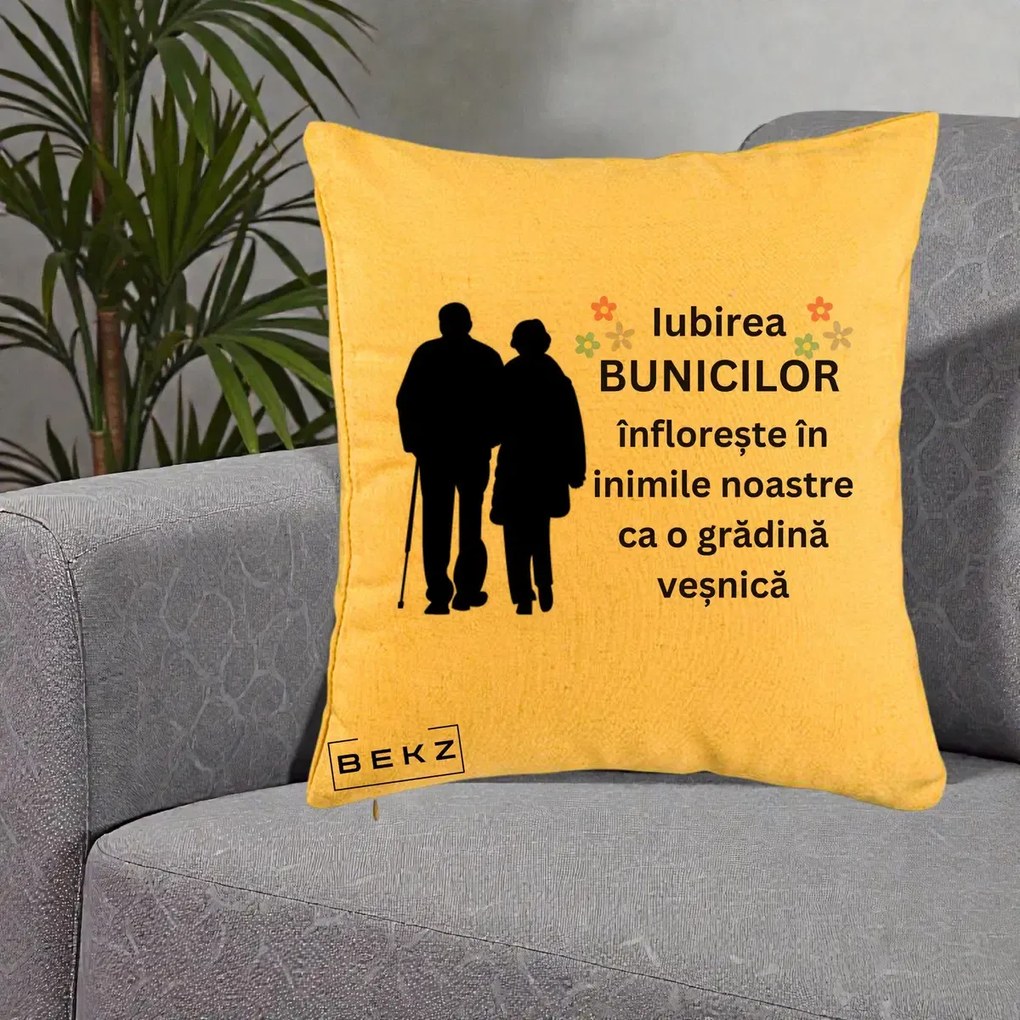 Cadou pentru Bunici - Perna Personalizata Bunicii Iubirea Infloreste Silueta Neagra Flori, 40x40 cm, Galben, Husa Detasabila, Perna Inclusa, BEKZ®
