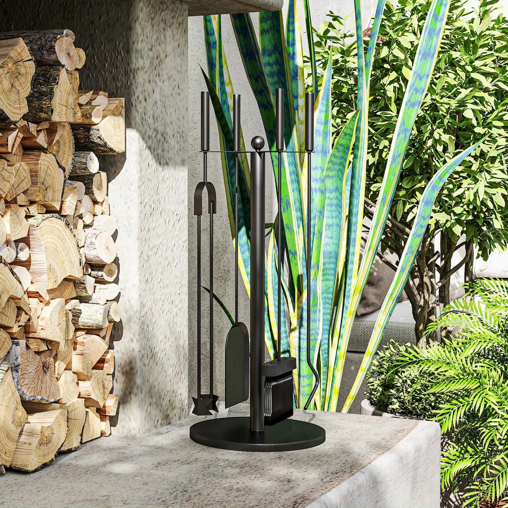 Outsunny Set servitor de șemineu, servitor de șemineu 5 piese, mătură lopată clește tisonier și suport, metal, negru | Aosom Romania