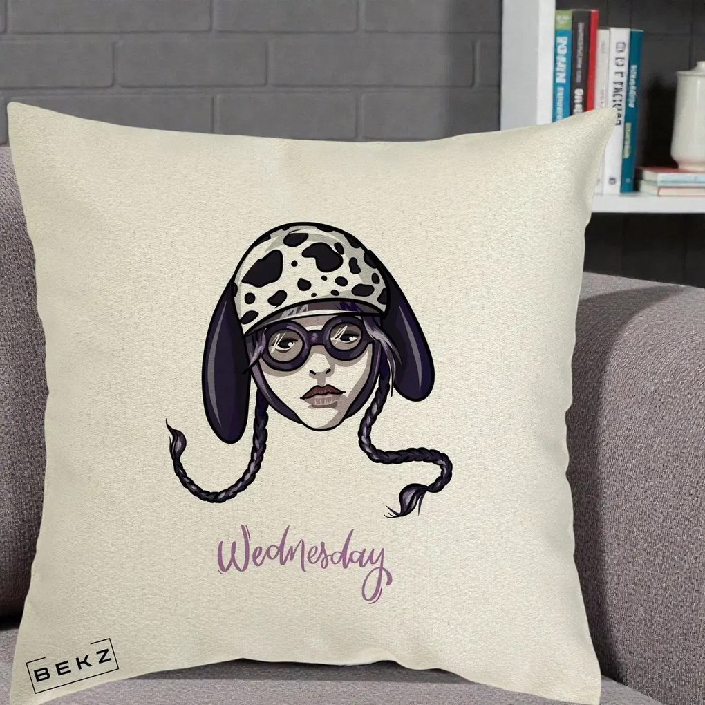Perna Personalizata Wednesday Addams cu Caine Dalmatian, 40x40 cm, Ecru, Husa Detasabila, Perna Inclusa, BEKZ®