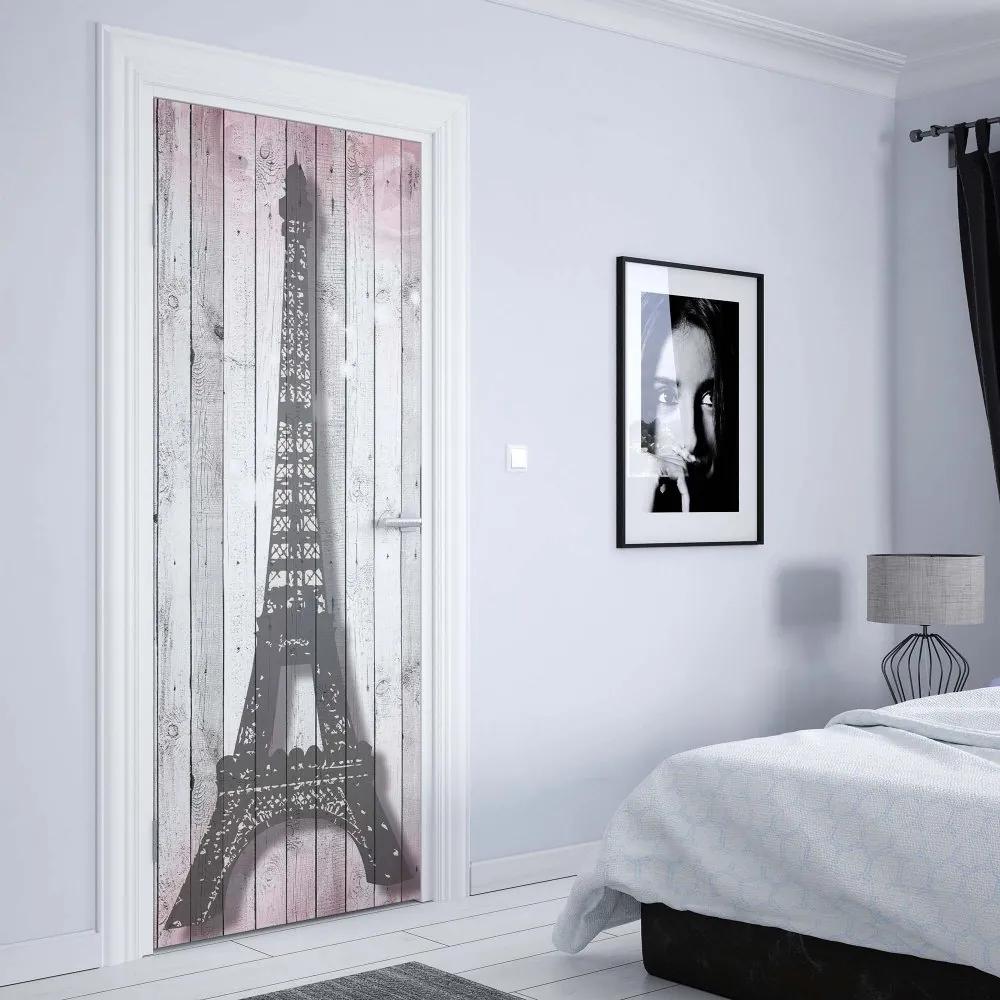 GLIX Tapet netesute pe usă - Eiffel Tower Paris Pink Roses Flowers Vintage Wood Planks