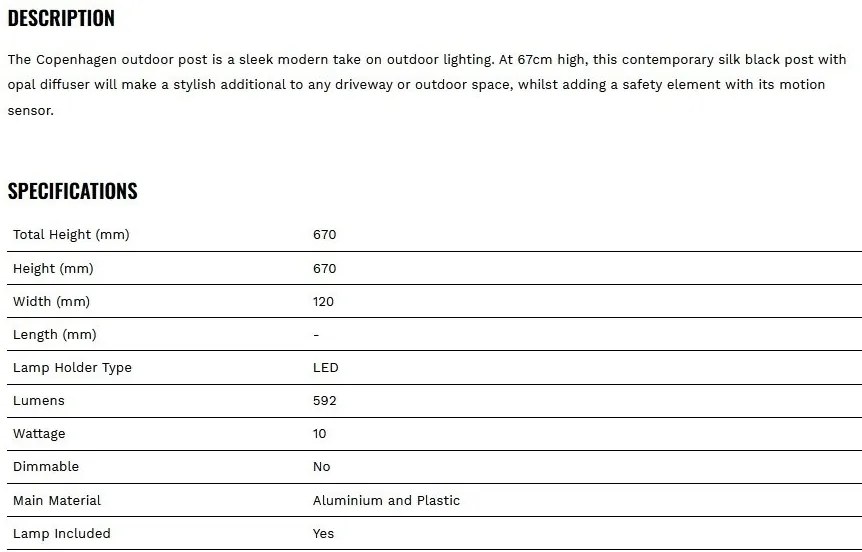 Stalp iluminat exterior cu senzor de miscare IP54 LED Copenhagen