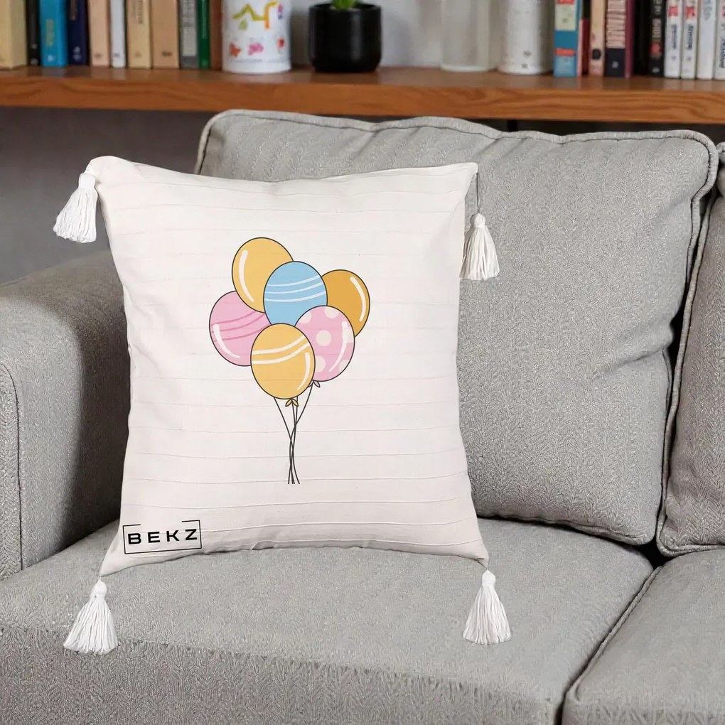 Perna Decorativa Baloane Petrecere, 40x40 cm, Bej cu Franjuri, Husa Detasabila, Perna Inclusa, BEKZ®