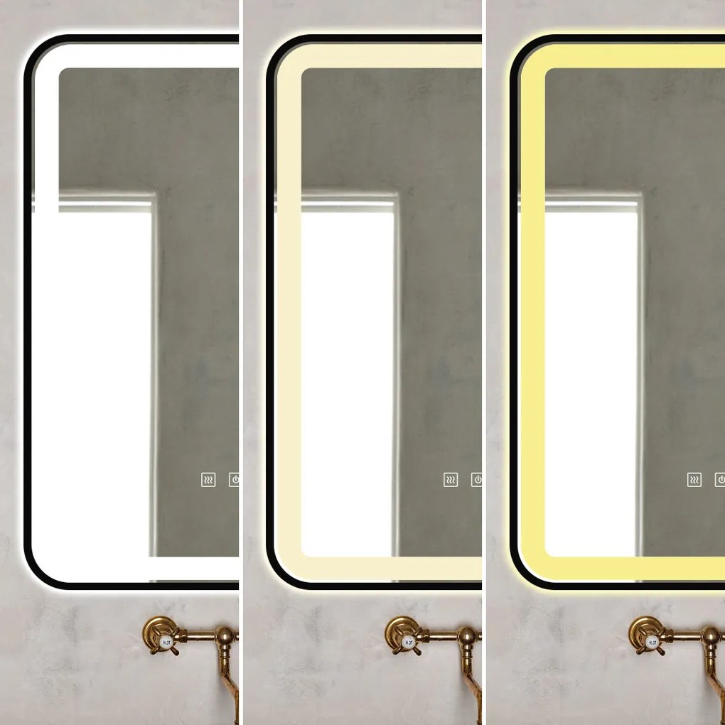 Oglindă Baie LED și Dezaburire Elit's Premium cu Senzor Touch, Lumina Rece, Caldă și Neutră, 50x70cm, cu rama Negru Antichizat