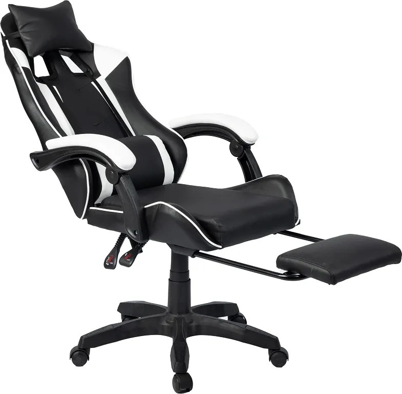 Scaun gaming, masaj în perna lombară, suport picioare, PU, Negru/Alb