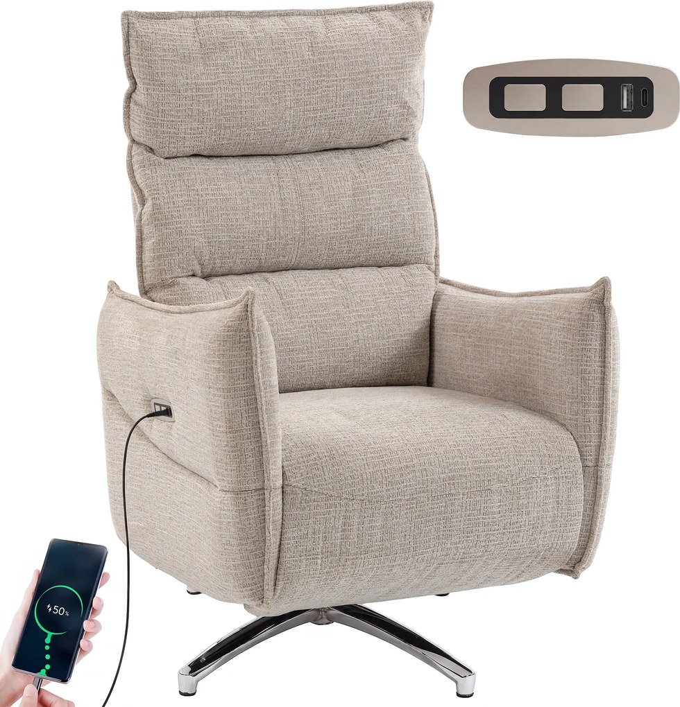 HOMCOM Fotoliu relax electric rotativ pentru adulți, fotoliu cu material aspect in și porturi de încărcare, bej | Aosom Romania