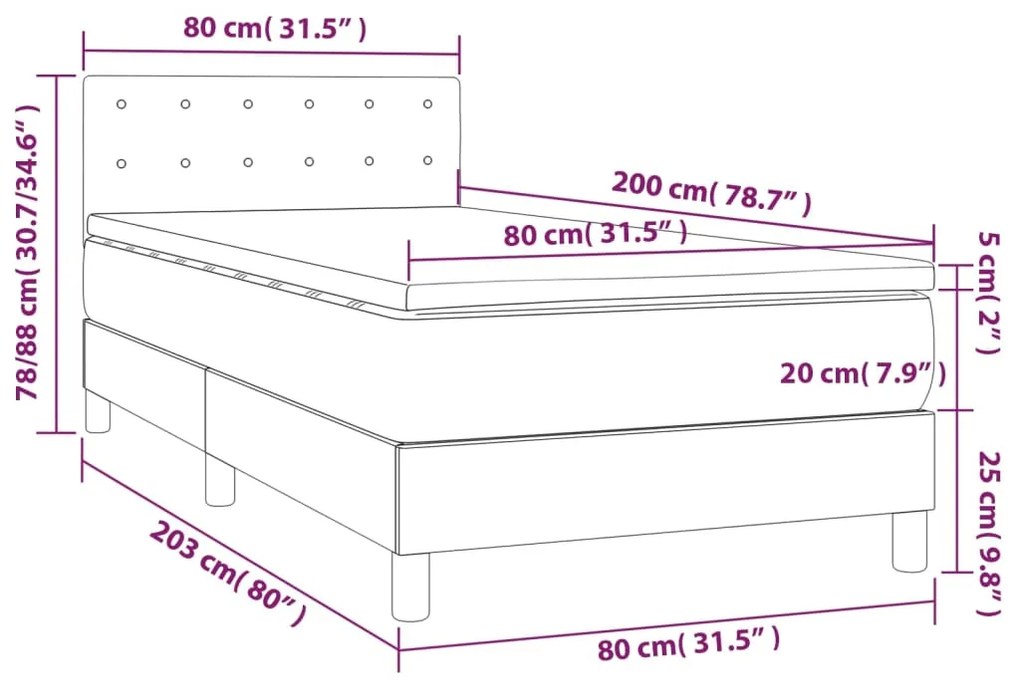 Pat box spring cu saltea, albastru, 80x200 cm, textil Albastru, 80 x 200 cm, Nasturi de tapiterie