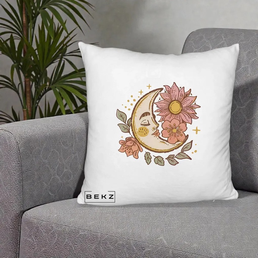 Perna Personalizata Luna Boho Chip Floral, 40x40 cm, Alb Pufos, Husa Detasabila, Perna Inclusa, BEKZ®