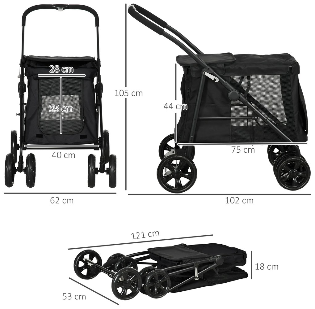 PawHut Cărucior pentru câini cu pernă, 3 buzunare laterale, pliabil, cărucior pentru câini, 102 cm x 62 cm x 105 cm, Negru | Aosom Romania