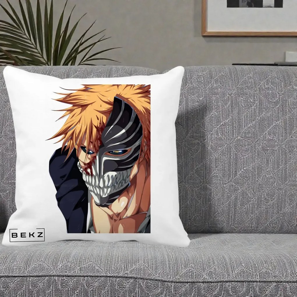 Perna Personalizata Bleach Ichigo Masca Hollow, 40x40 cm, Alba Mata, Husa Detasabila, Perna Inclusa, BEKZ®