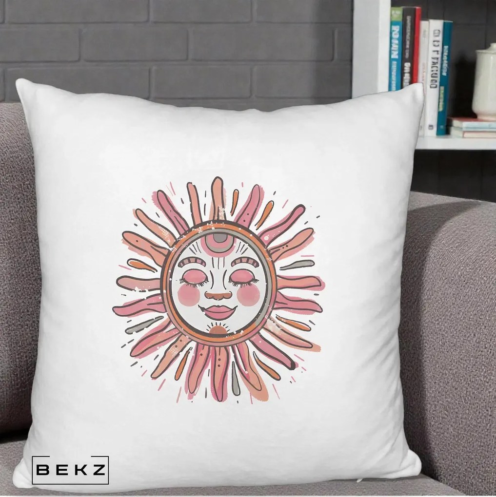 Perna Decorativa Soare Roz Tribal, 40x40 cm, Alb Pufos, Husa Detasabila, Perna Inclusa, BEKZ®