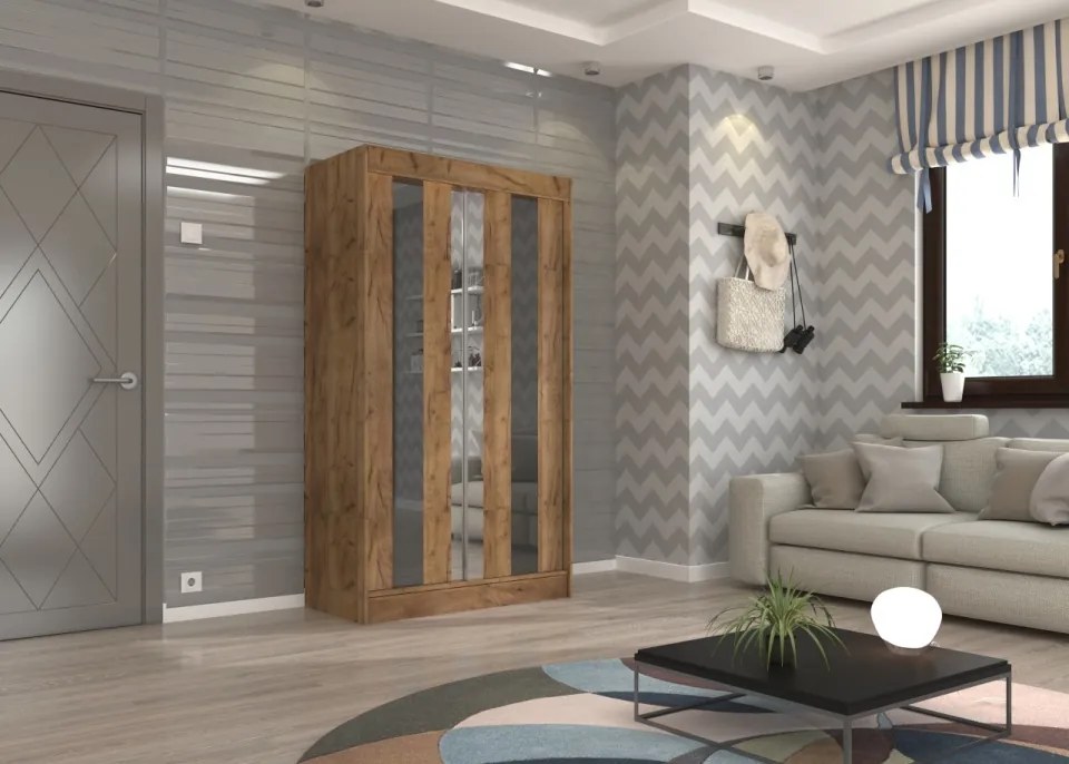 Dulap cu usi glisante si oglinda 120x215 cm, Keita, ADRK Furniture (Culoare: Sonoma / Ciocolată Lacobel)