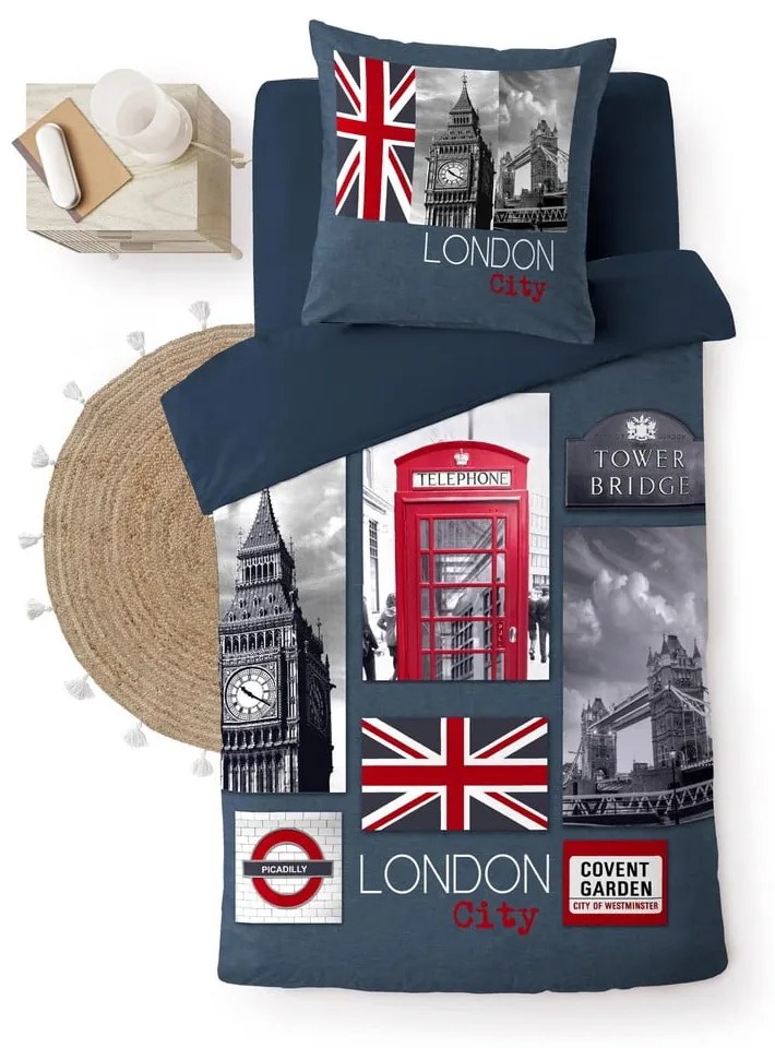 Lenjerie de pat albastru-închis din bumbac pentru pat de o persoană 140x200 cm City London – douceur d'intérieur