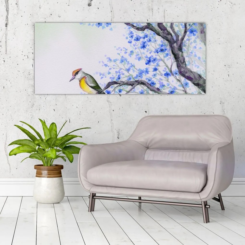 Tablou - Pasăre pe un copac cu flori albastre (120x50 cm)