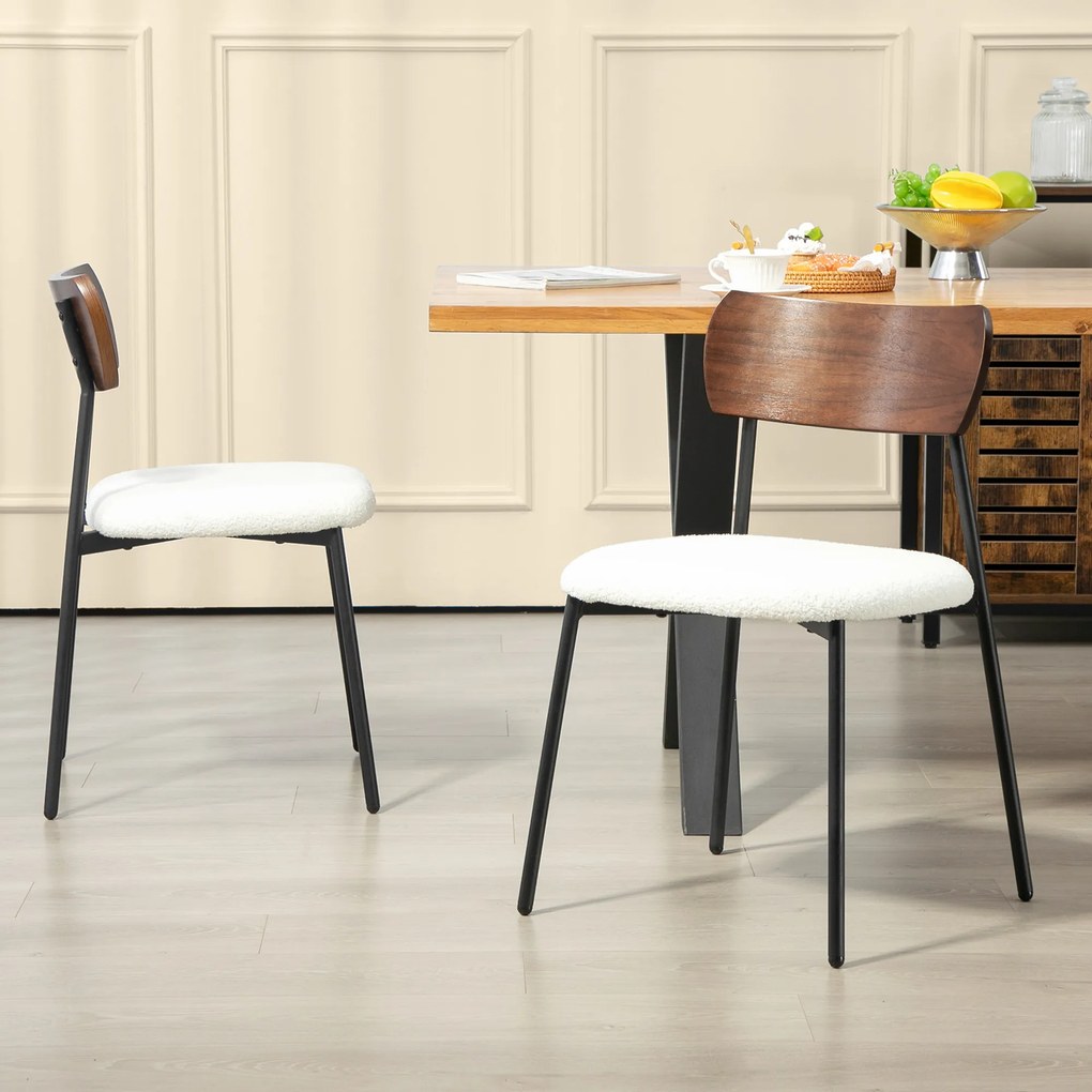 HOMCOM Set de 2 scaune de sufragerie cu șezut cu aspect de mohair, spătar curbat cu aspect de lemn, interior, crem | Aosom Romania