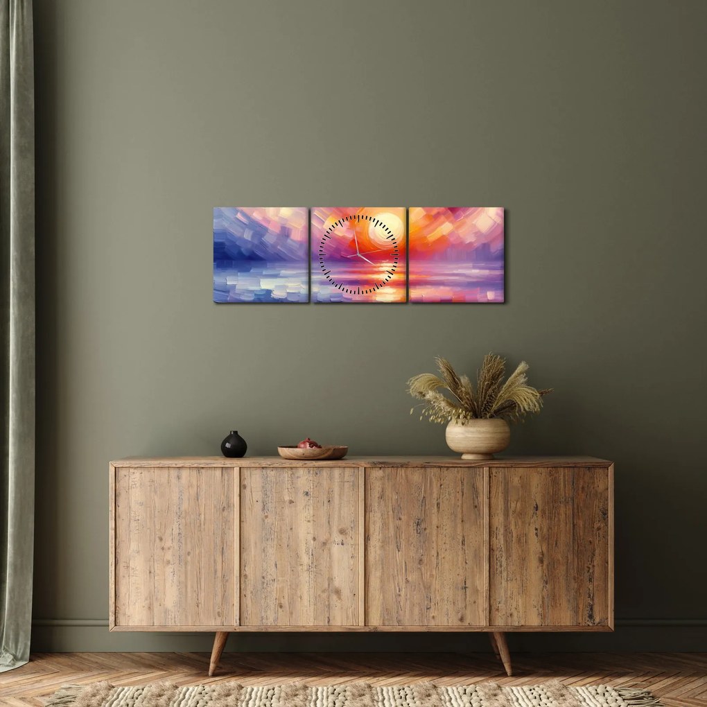 Tablou - Apus de soare artistic colorat (cu ceas) (90x30 cm)