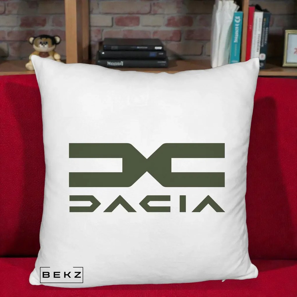 Perna Personalizata cu emblema Dacia, 40x40 cm, Alb Pufos, Husa Detasabila, Perna Inclusa, BEKZ®