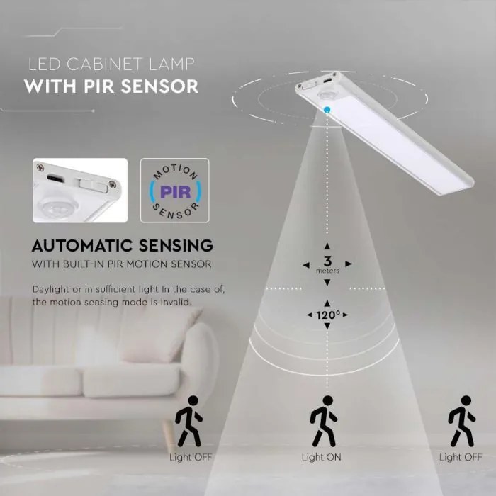 Corp led pentru dulap cu senzor de miscare si acumulator, 2.5 W, lumina neutra(4000K), 260 lm, IP20, argintiu, V-TAC