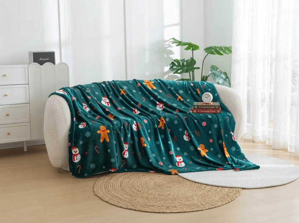 Patura microplus de Craciun SNOWMAN AND GINGERBREAD verde Dimensiuni: 150 x 200 cm