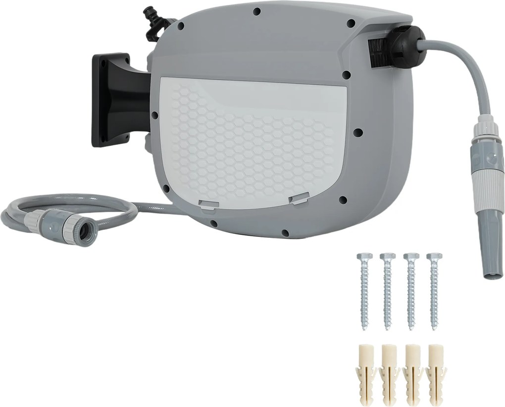 Outsunny Bobină furtun retractabil 10+1 m cu duză 2 moduri blocare automată și retragere controlată suport gri | Aosom Romania