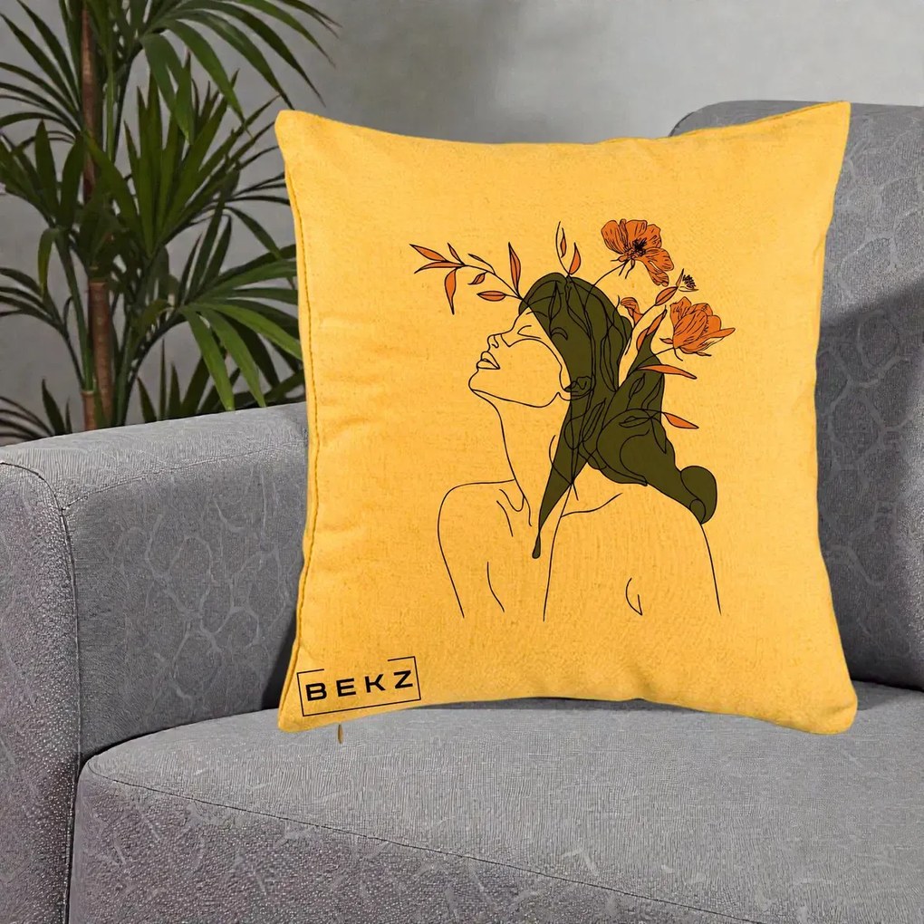 Perna Decorativa Portret Feminin Profil Flori Portocalii, 40x40 cm, Galben, Husa Detasabila, Perna Inclusa, BEKZ®