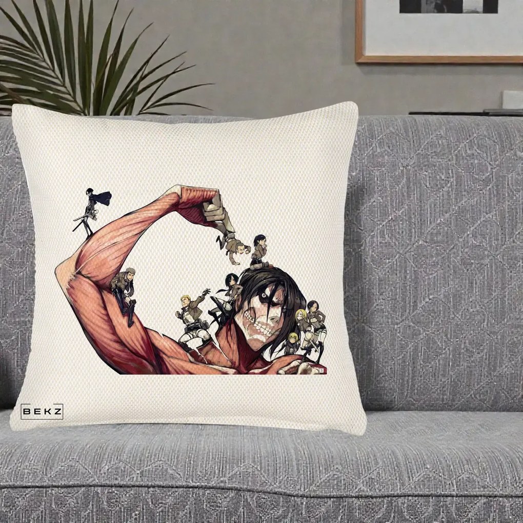 Perna Personalizata Attack on Titan Eren Titan Grup, 40x40 cm, Crem Reliefat, Husa Detasabila, Perna Inclusa, BEKZ®