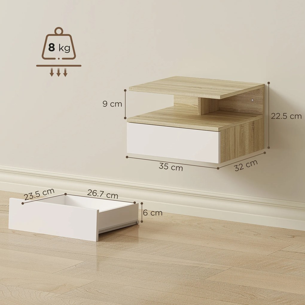 HOMCOM Set de 2 Noptiere Suspendate cu Sertar și Raft Deschis, 35x32x22.5 cm, Alb și Stejar | Aosom Romania