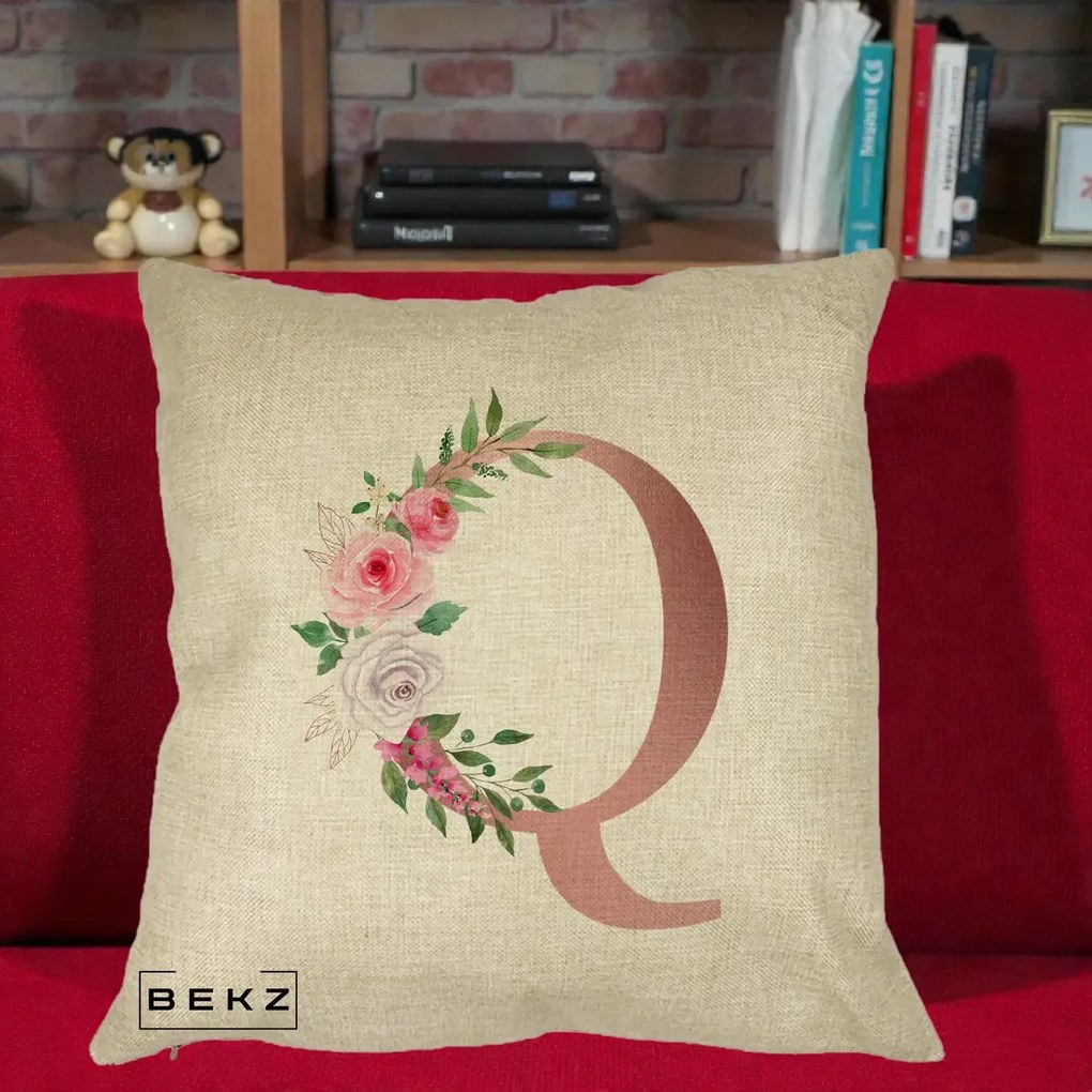 Cadou Personalizat - Perna Personalizata Monograma Rose Gold Litera Q, 40x40 cm, Crem, Husa Detasabila, Perna Inclusa, BEKZ®