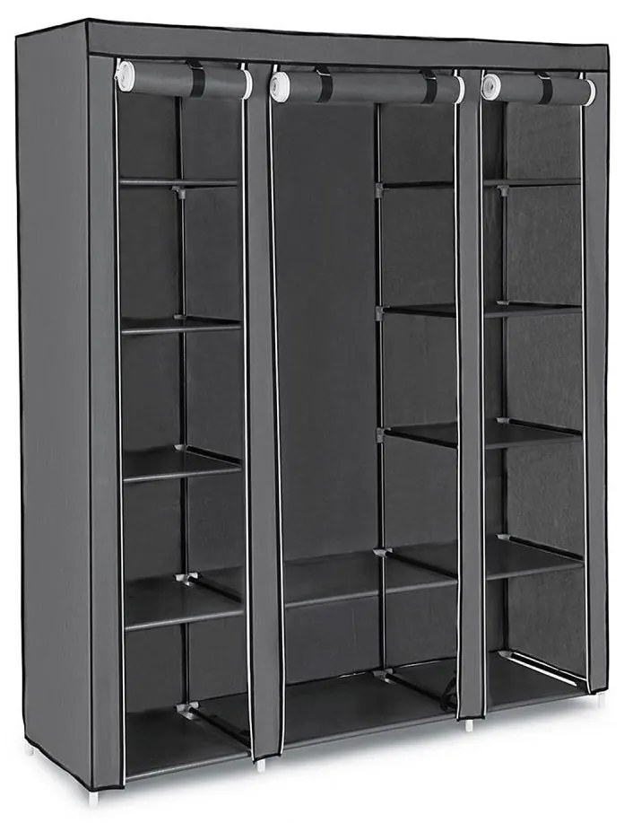 Dulap textil de depozitare MATIS 150x175 cm, gri, cu rafturi și bară pentru umerașe