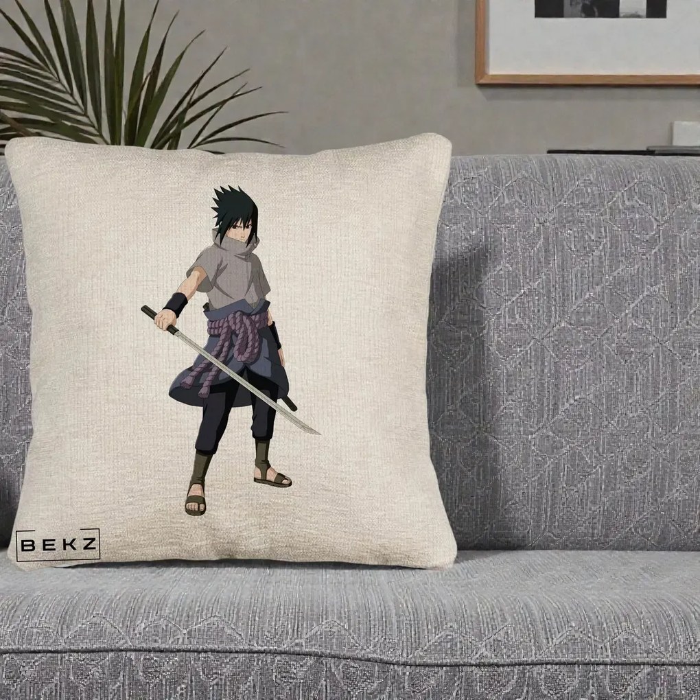 Perna Personalizata Naruto Sasuke Uchiha cu Sabia, 40x40 cm, Bej Canapea, Husa Detasabila, Perna Inclusa, BEKZ®