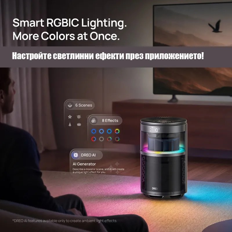 Purificator de aer DREO 530AS, 25 m², 221 m³/h, aspirație la 360°, True HEPA, Wi-Fi, cronometru, ultra silențios, senzor de calitate a aerului, negru