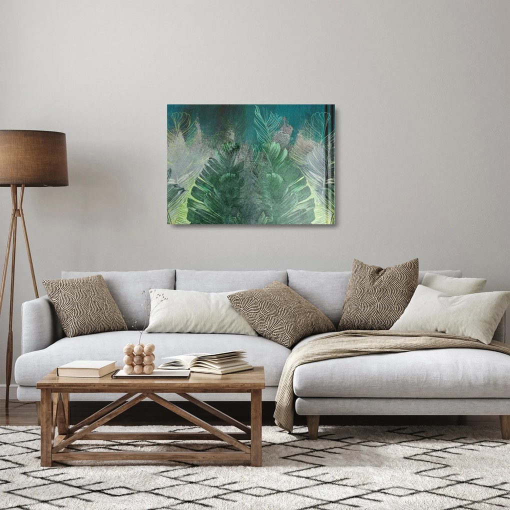 Tablou pe sticlă - Textura de beton cu frunze (70x50 cm)