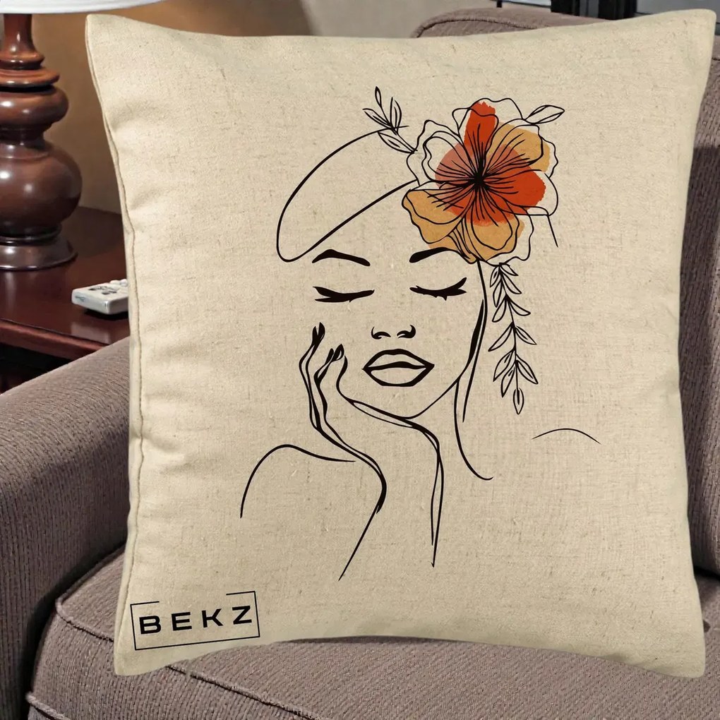 Perna Decorativa Portret Feminin Flori Palarie, 40x40 cm, Bej, Husa Detasabila, Perna Inclusa, BEKZ®