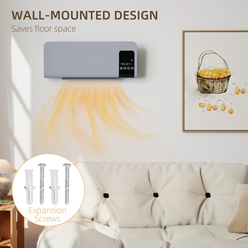 HOMCOM Ventilator Termic de Perete cu Temporizator 12h și 2 Moduri Gri | Aosom Romania