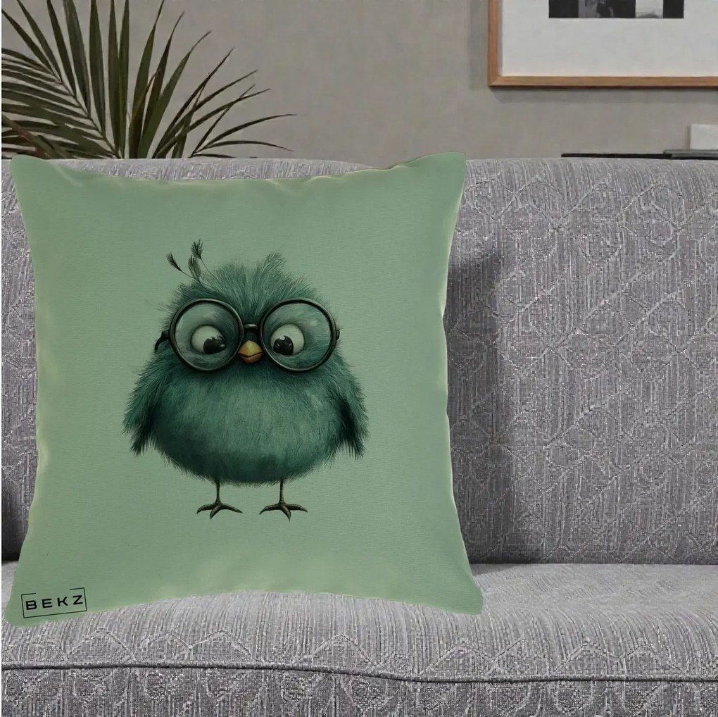 Perna Decorativa Pui Teal cu Ochelari Rotunzi, 40x40 cm, Verde, Husa Detasabila, Perna Inclusa, BEKZ®