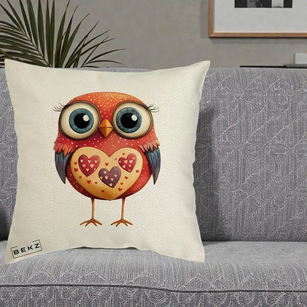 Perna Decorativa Bufnita Rosie cu Inimi Aurii, 40x40 cm, Ecru, Husa Detasabila, Perna Inclusa, BEKZ®