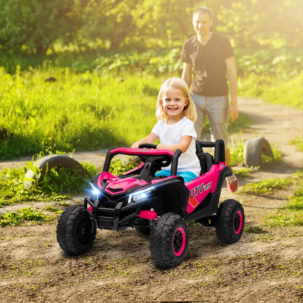 AIYAPLAY Mașină Electrică UTV pentru Copii 12V cu Centură, Telecomandă, Suspensii, USB, 3-7 km/h, 3-5 Ani, Roz | Aosom Romania