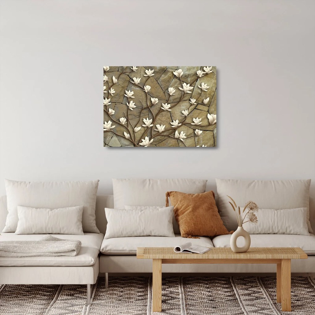 Tablou pe sticlă - Magnolii albe pe zidărie de piatră (70x50 cm)