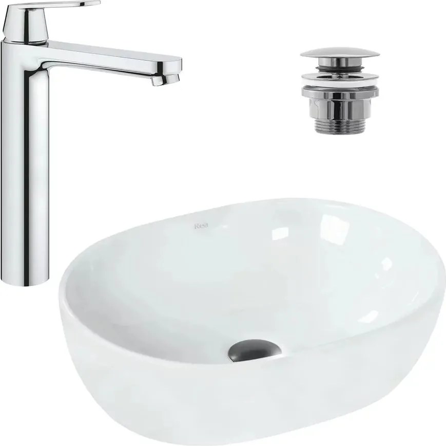 Pachet lavoar pe blat Rea Amelia alb 48 cm, baterie lavoar Grohe Eurosmart Cosmopolitan XL crom si ventil lavoar Click-Clack crom