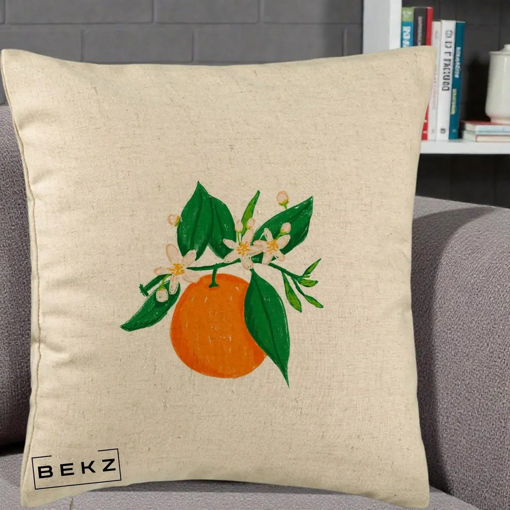 Perna Decorativa Portocala in Floare, 40x40 cm, Bej, Husa Detasabila, Perna Inclusa, BEKZ®